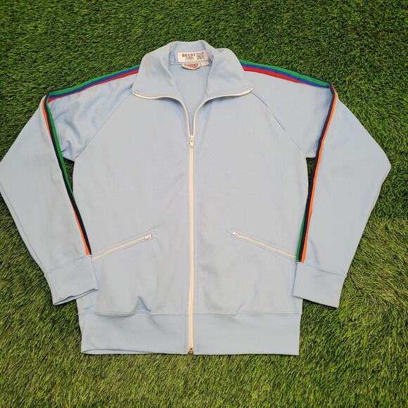 Vintage 80s MOD Stripes Track Jacket Womens Large 21x26 Blue - Picture 1 of 11